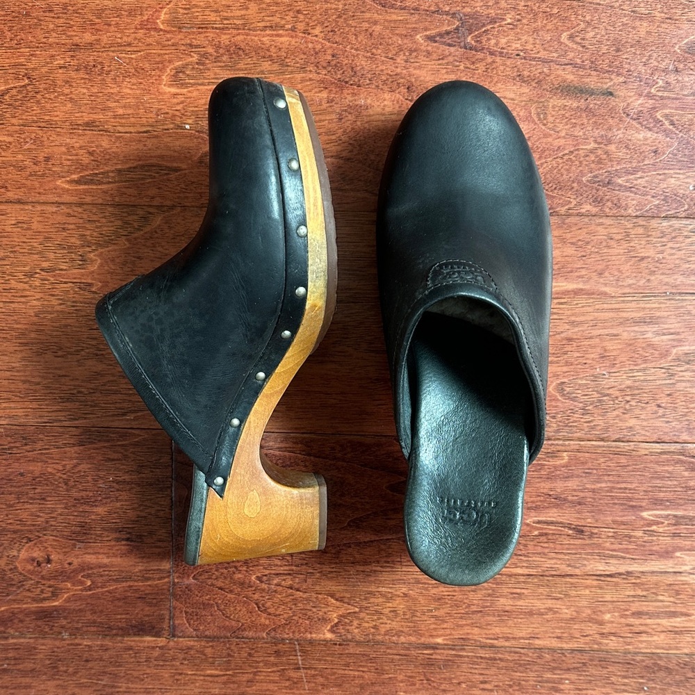 UGG Black Leather Mules with Wooden Heel